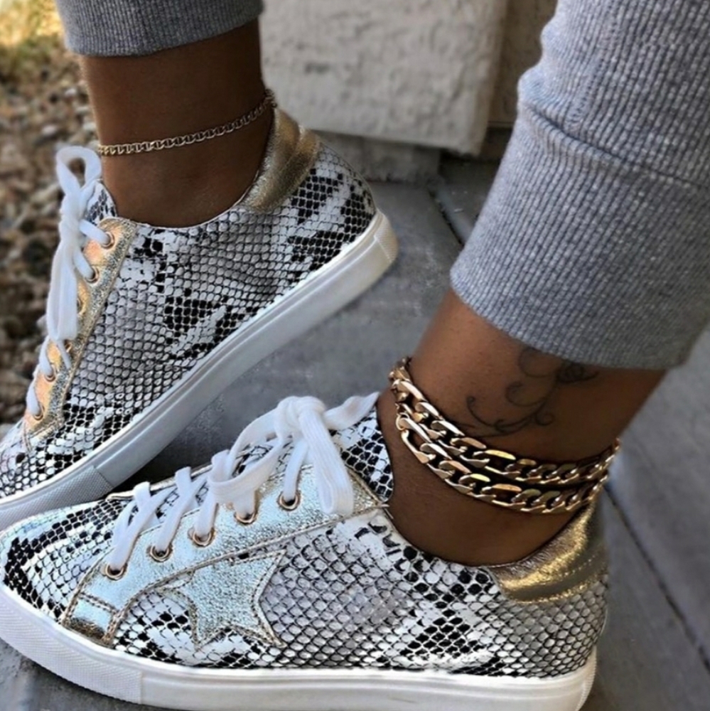Snakeskin Star Lace-Up Sneakers